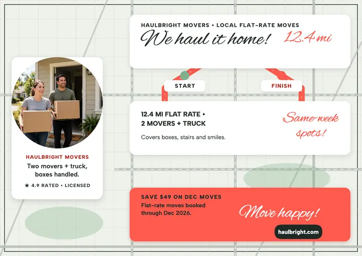 Haulbright movers promo card, house route: movers promo card template