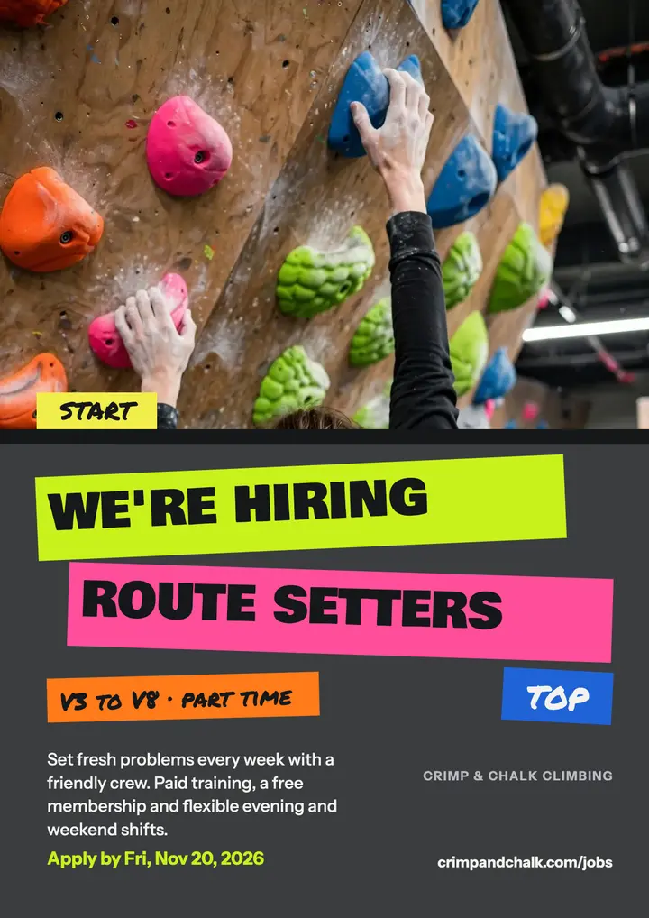 Crimp and Chalk route setter hiring flyer template