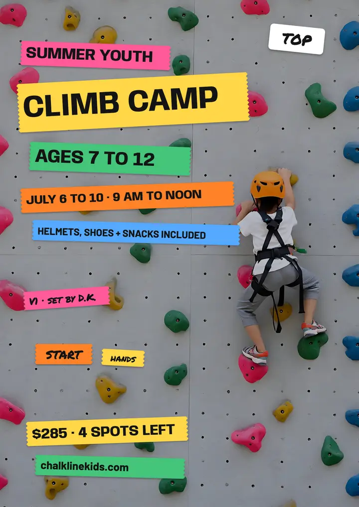 Chalkline Kids climbing camp flyer: youth climbing camp flyer template