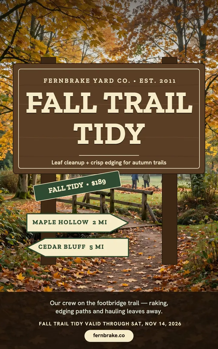 Fernbrake fall trail tidy ebook cover: landscaper fall cleanup ebook template