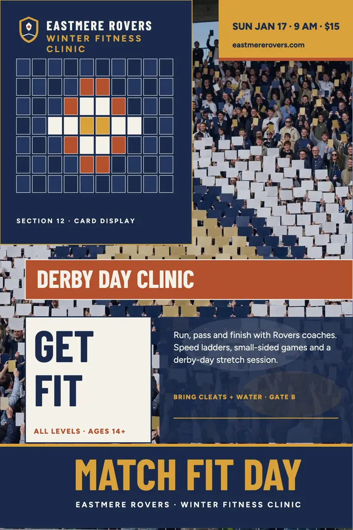 Eastmere Rovers fitness clinic derby poster template