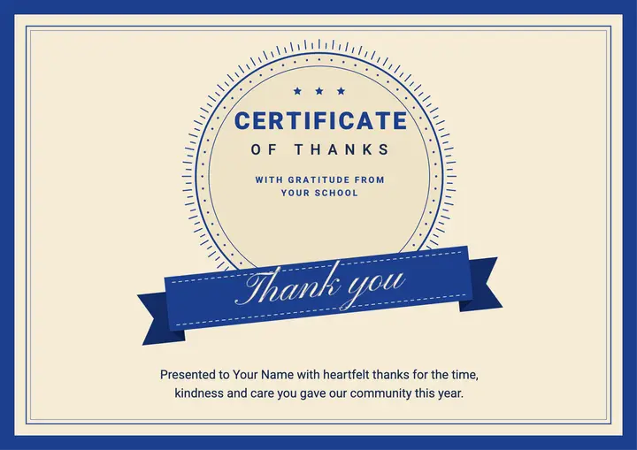 Royal blue certificate of thanks template