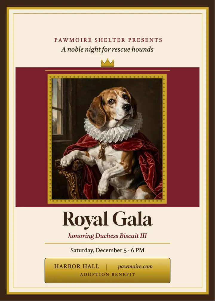 Pawmoire royal hound gala invite: adoption gala invitation template