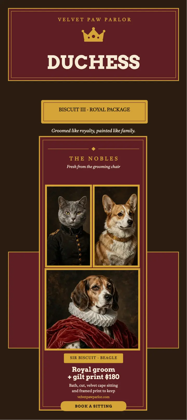 Royal pet grooming rack card, Velvet Paw template