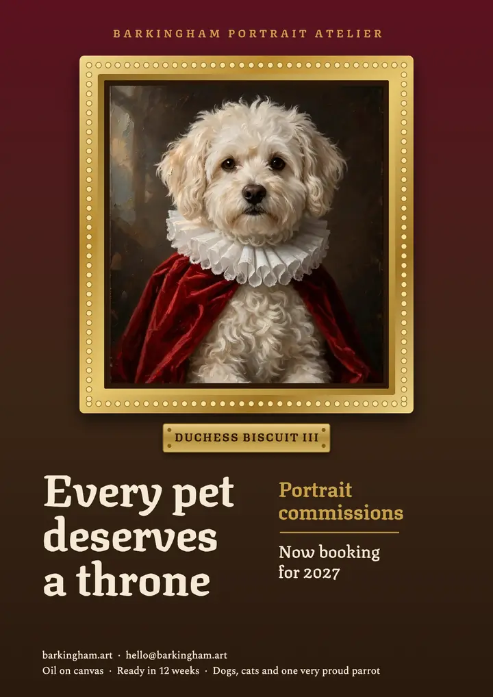 Barkingham Portrait Atelier royal pet portrait flyer template