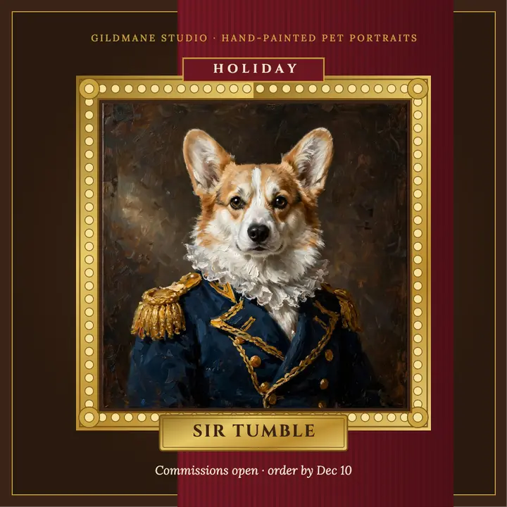 Sir Tumble holiday pet portrait commission post template