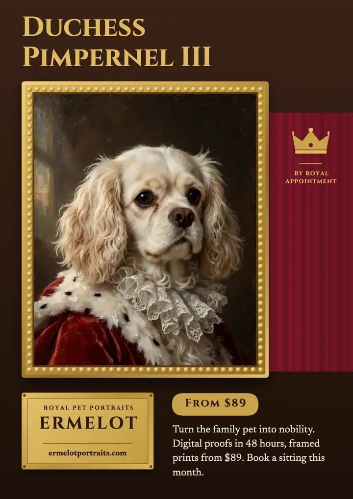 Royal pet portrait studio flyer, gilded frame: pet portrait flyer template