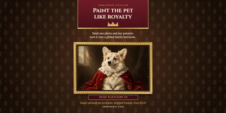 Ermineko Atelier royal pet portrait post: pet portrait studio post template