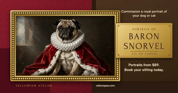Royal pug portrait commission post, Vellumpaw Atelier template