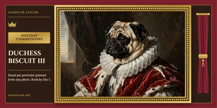 Zandivar Atelier royal pug portrait post: pet portrait commission post template