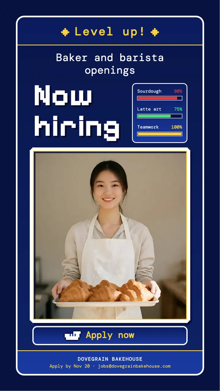 Dovegrain Bakehouse baker and barista hiring quest story: bakery hiring story template