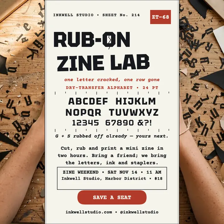 Rub-on zine lab workshop sheet template