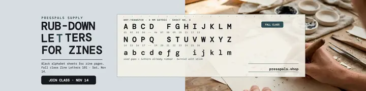 Presspals rub-down letter kit banner: zine lettering kit banner template