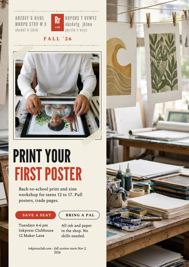 Inkpress print workshop rubdown flyer: print workshop flyer template