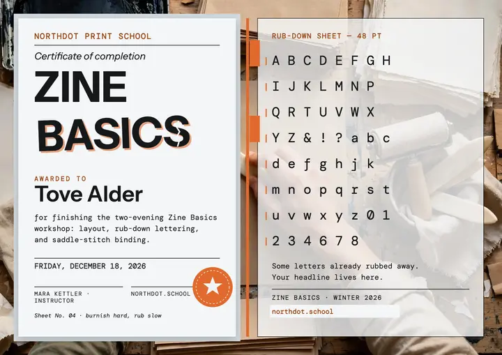 Zine Basics rub-down certificate template