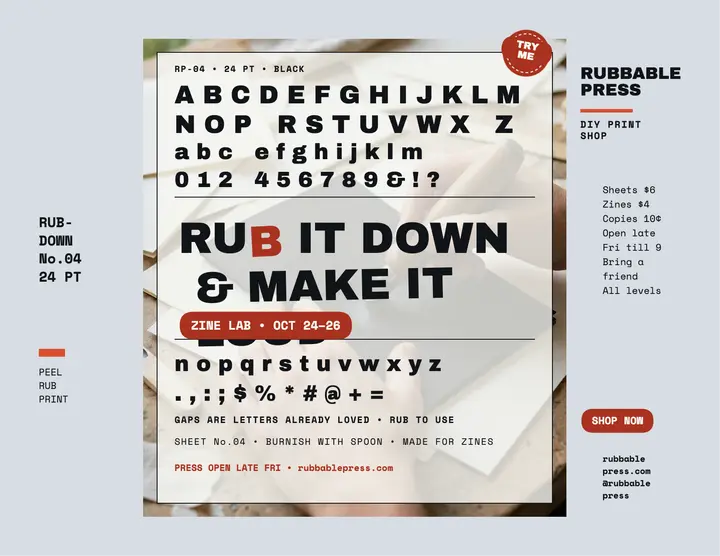 Rubbable Press rub-down print flyer template