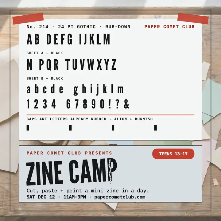 Paper Comet Club zine camp rub-down post template
