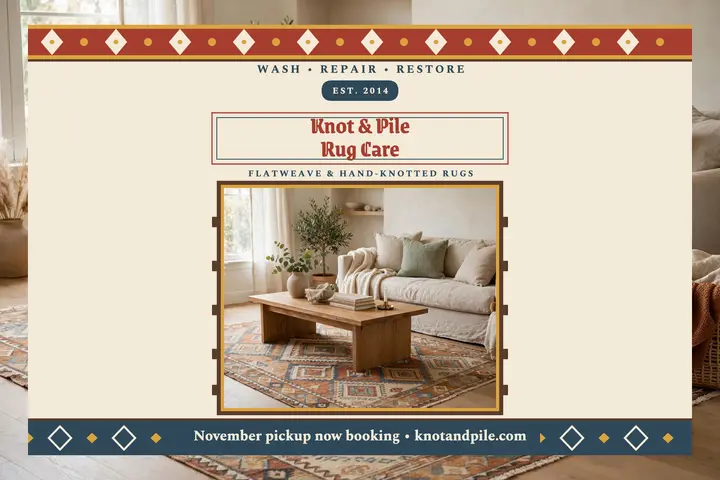 Knot and Pile rug care kilim postcard: rug cleaning postcard template