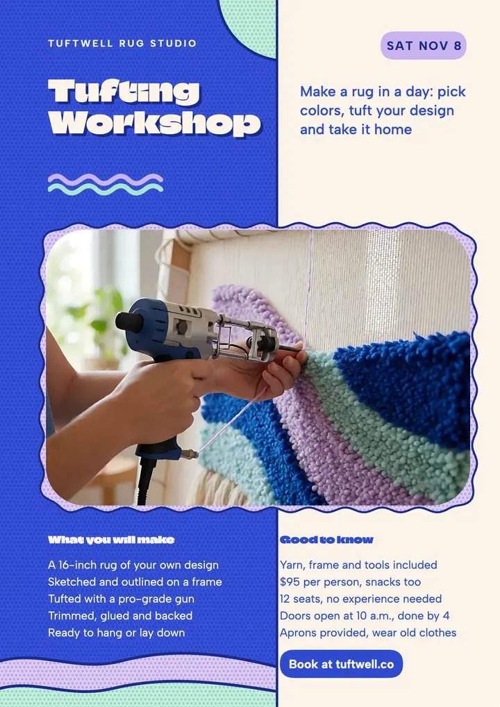 Tuftwell rug tufting workshop day flyer template