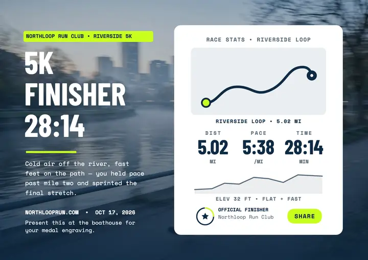 Northloop Run Club 5K finisher certificate template