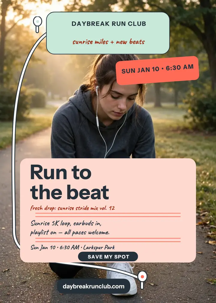 Daybreak Run Club sunrise playlist invitation: run club invitation template