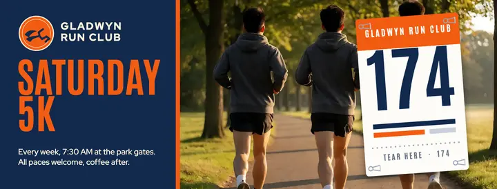 Weekly 5K run club cover with a race bib template