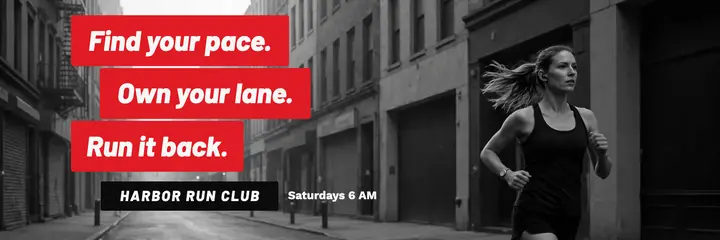 Harbor Run Club red bar header: running club x header template
