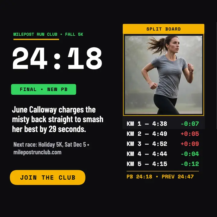 Milepost Run Club splits recap post template