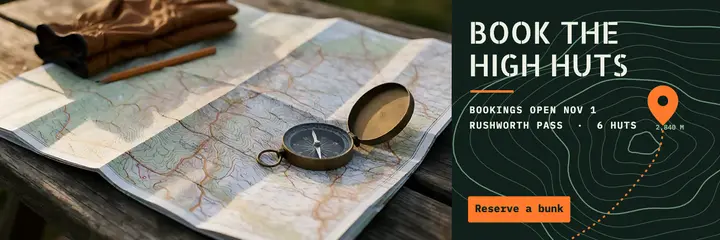 Rushworth Pass huts booking header, topographic contour: mountain hut booking header template
