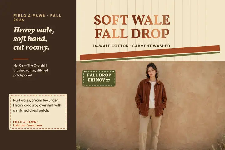 Rust corduroy overshirt fall drop postcard template