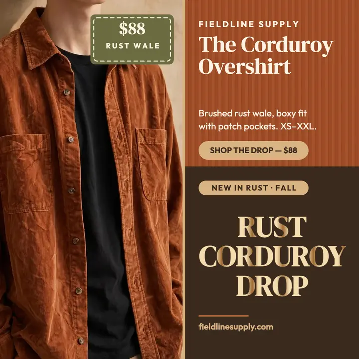 Rust corduroy overshirt drop post template