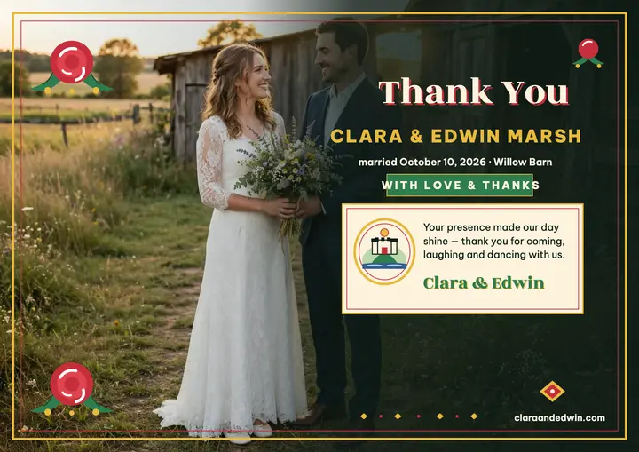Rustic barn thank-you with narrowboat roses: wedding thank-you card template