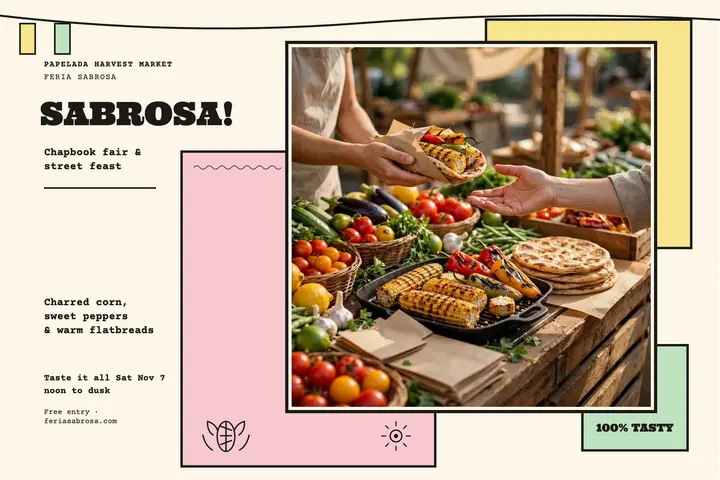 Feria Sabrosa market tastings postcard: street food market postcard template