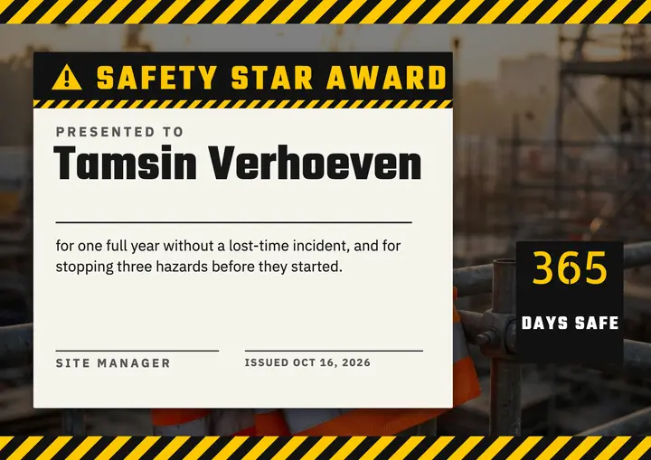 Safety Star award certificate template