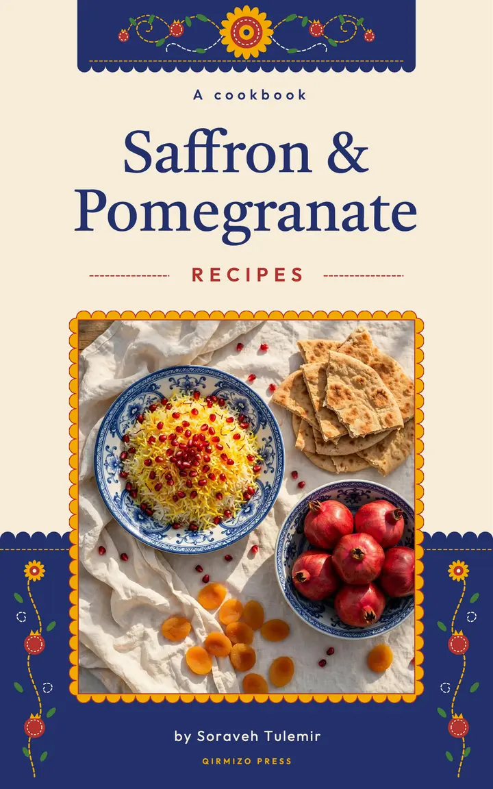 Saffron & Pomegranate cookbook ebook cover, suzani template