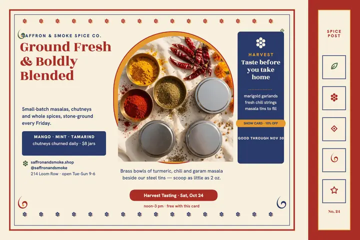 Saffron and Smoke spice postcard: spice shop postcard template