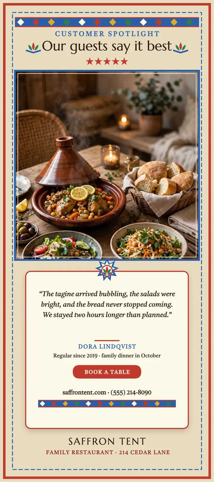 Saffron Tent customer spotlight rack card template