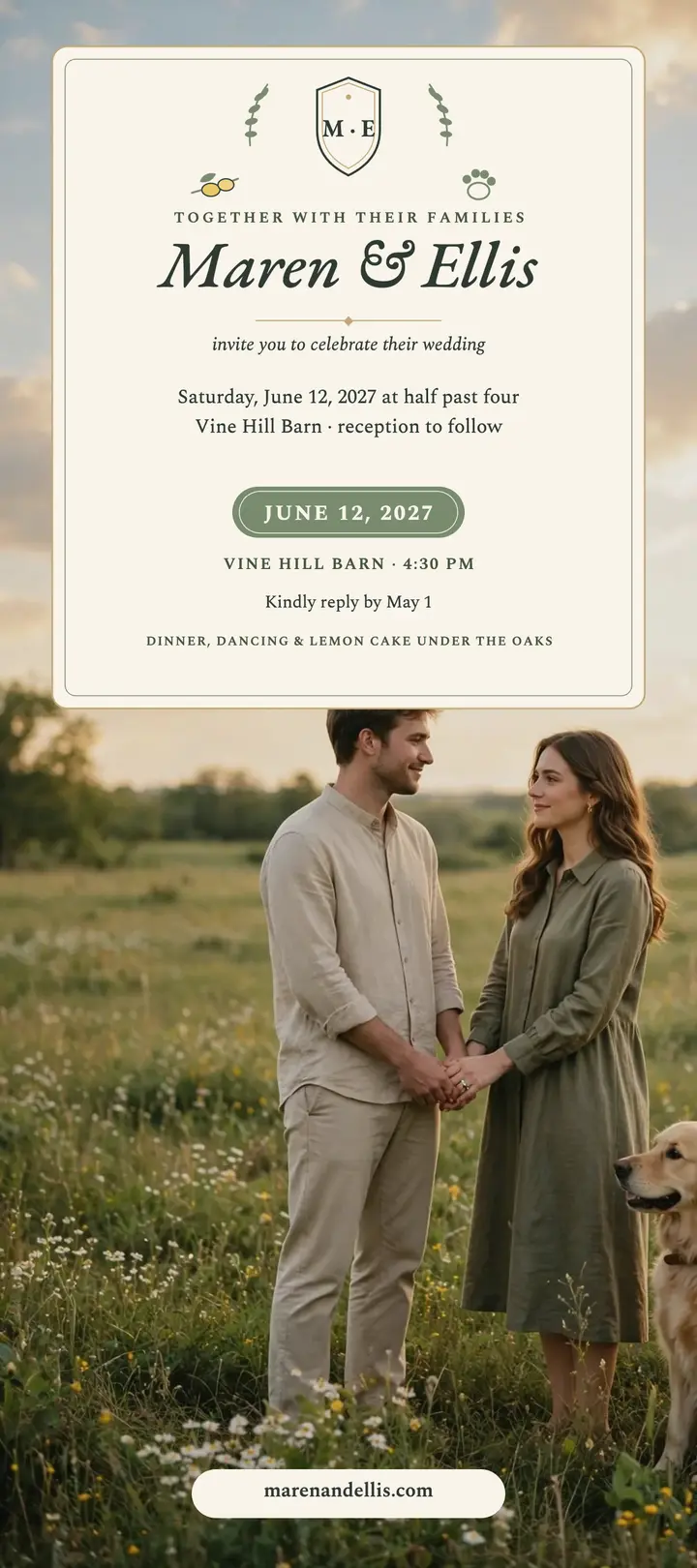 Maren and Ellis sage crest invitation: wedding invitation rack card template