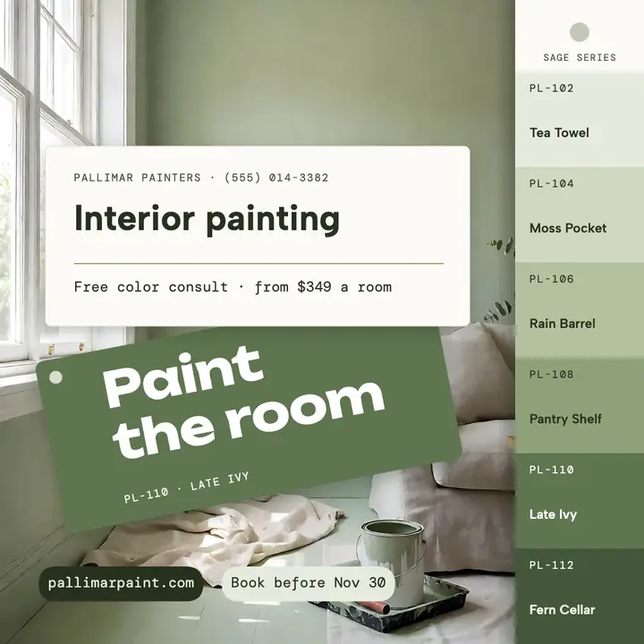 Sage living room interior painting promo post template