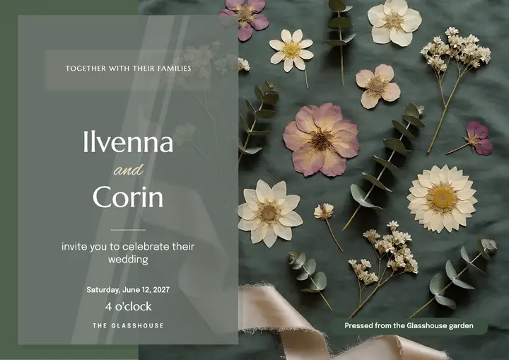 Clear acrylic card wedding invite on sage linen template