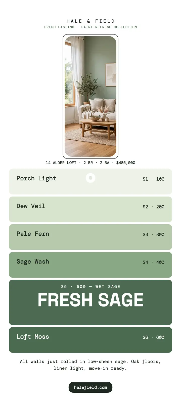 Sage paint refresh rack card, Hale and Field: paint refresh rack card template