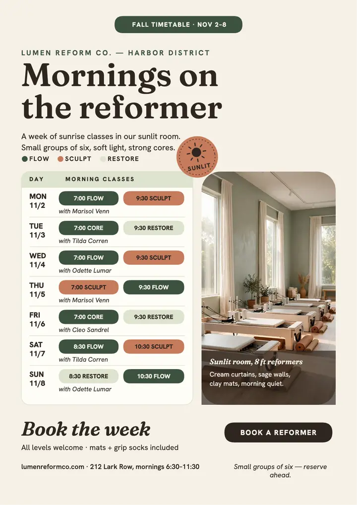 Lumen Reform weekly timetable flyer: pilates timetable flyer template