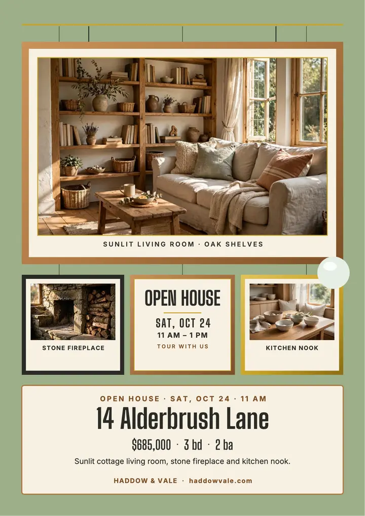 Sage wall cottage open house flyer template