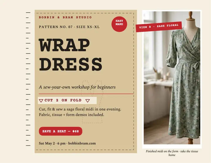 Wrap dress sewing workshop flyer: wrap dress sewing flyer template