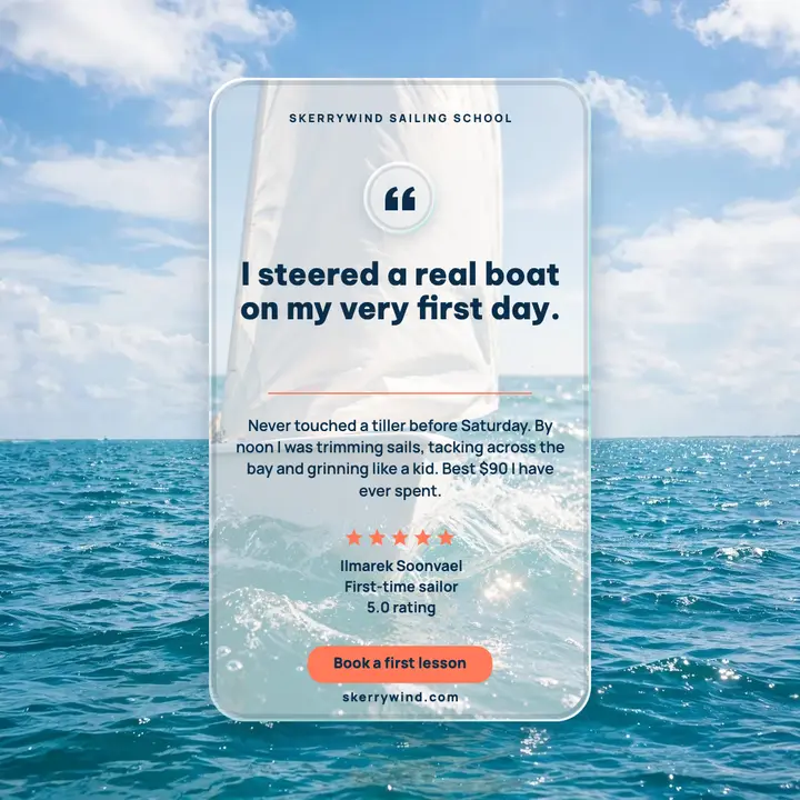 Sailing school five-star review, liquid glass template