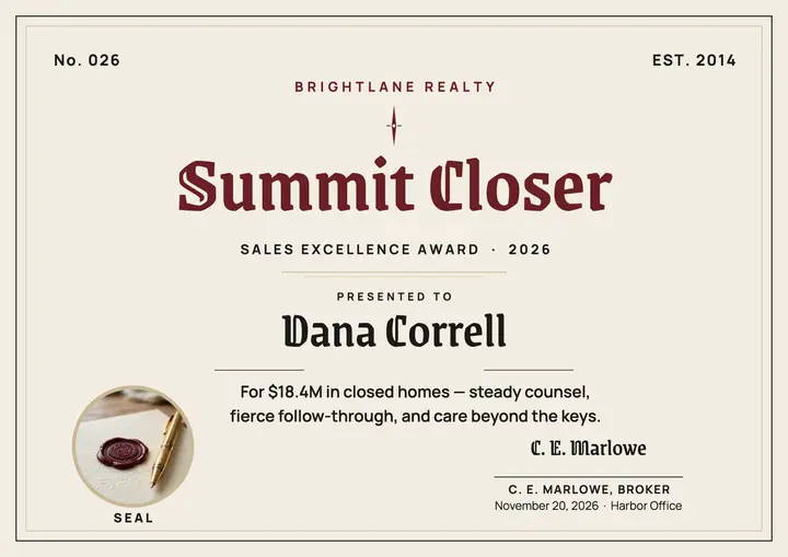 Summit Closer sales excellence certificate template
