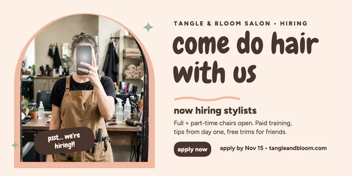 Tangle and Bloom stylist hiring selfie post: salon hiring post template