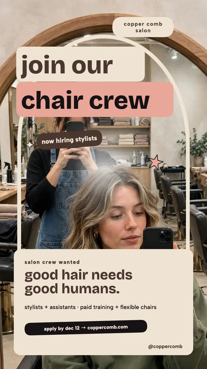 Copper Comb salon hiring mirror story: salon hiring story template
