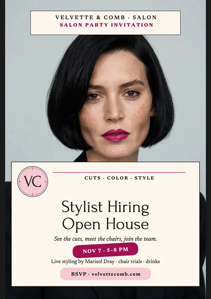 Velvette and Comb stylist hiring flyer: salon hiring flyer template