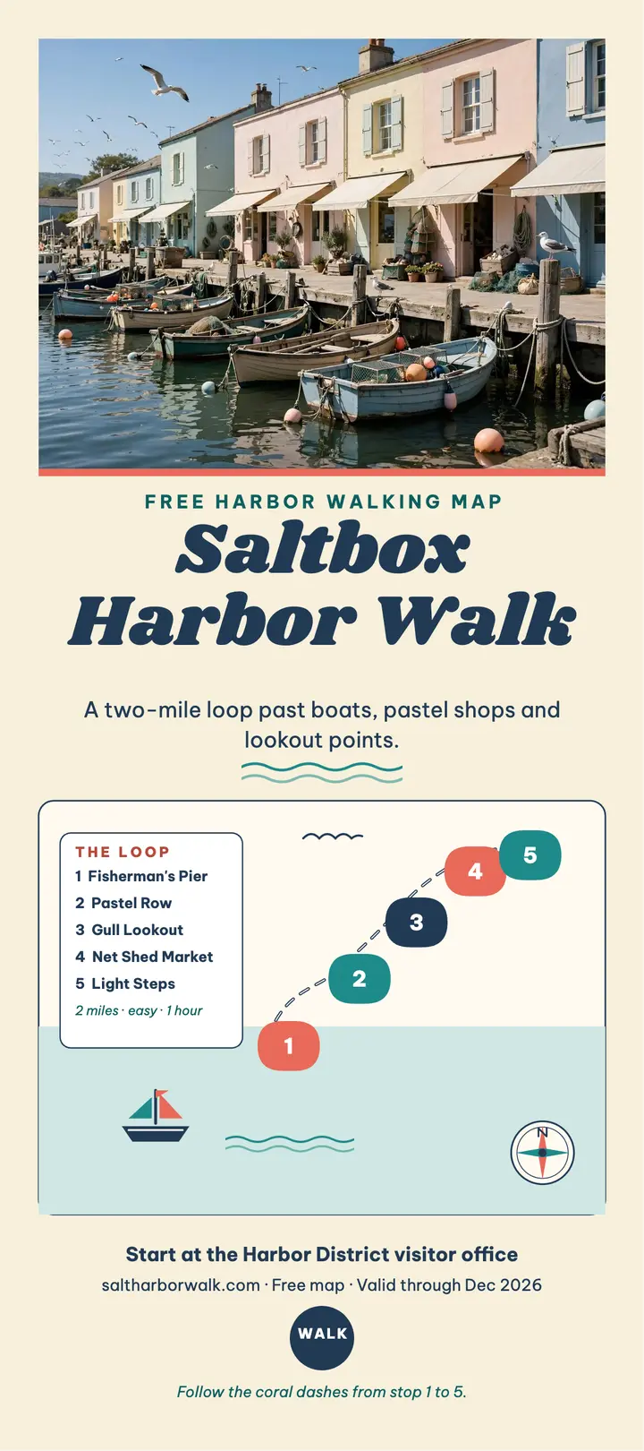 Saltbox Harbor Walk map, harbor rack card template
